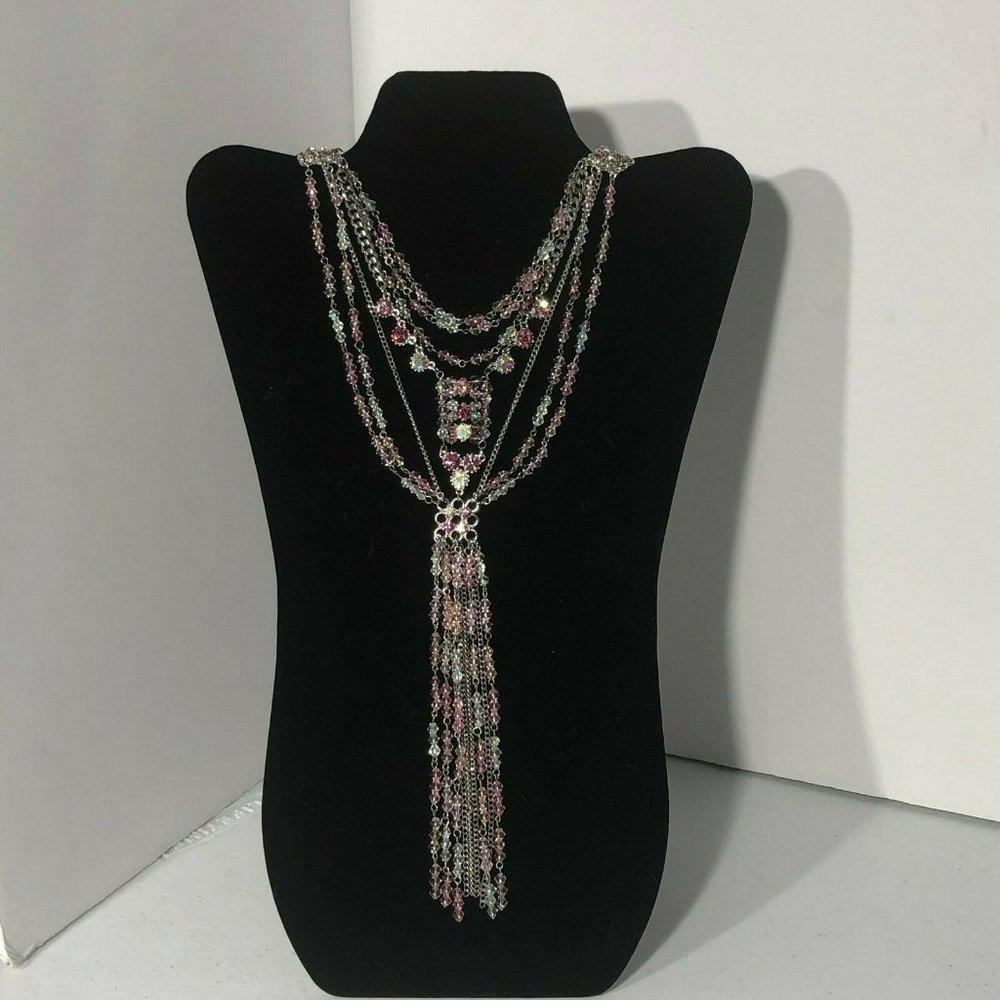 Pink White Silver Drop Necklace Sparkly Bling Vtg